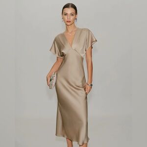Rihoas Apricot V Neck A-Line Satin Midi Dress